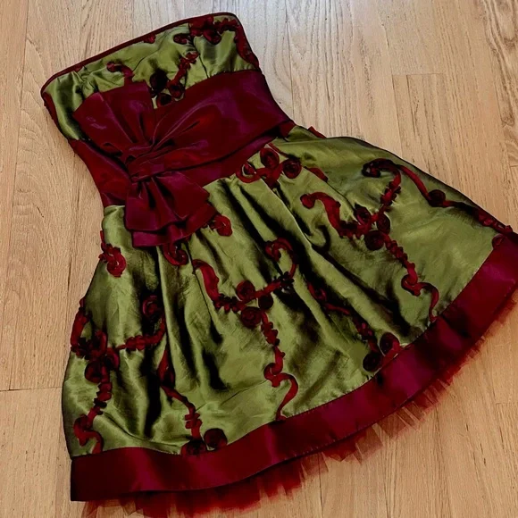 Vintage Jessica McClintock Strapless Olive & Burgundy Party Dress, size 2 - Picture 3 of 13